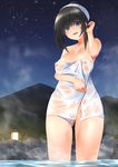  absurdres adjusting_hair black_hair blue_eyes blush breasts commentary_request covered_nipples hairband highres idolmaster idolmaster_cinderella_girls large_breasts long_hair naked_towel nishinomiya_suzu onsen open_mouth outdoors sagisawa_fumika sky solo star_(sky) starry_sky steam towel wading wet_towel 