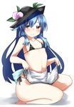  apron apron_lift armpits bangs bare_shoulders barefoot bikini blue_hair blush flat_chest food fruit full_body hat highres hinanawi_tenshi hips kz_oji long_hair looking_at_viewer micro_bikini navel peach red_eyes seiza side-tie_bikini sitting smile solo swimsuit touhou very_long_hair waist_apron 