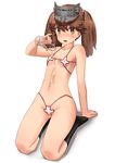  alternate_costume arm_support bad_id bad_pixiv_id bare_arms bare_shoulders bikini breasts brown_eyes brown_hair collarbone commentary_request covered_nipples highleg highleg_bikini highres kantai_collection leaning_back looking_at_viewer lotion_bottle micro_bikini navel parted_lips partially_visible_vulva ryuujou_(kantai_collection) shikigami short_hair sitting small_breasts solo soushou_nin stomach swimsuit thighs two_side_up visor_cap 