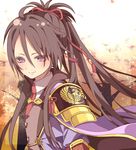  armor cape fudou_yukimitsu japanese_armor kiwame_(touken_ranbu) male_focus necktie otone_(sznr-otn-goth) ponytail purple_eyes purple_hair shoulder_armor smile sode touken_ranbu upper_body 