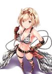  alternate_costume animal_print bare_shoulders bikini blonde_hair blush breasts brown_eyes cleavage collarbone commentary_request djeeta_(granblue_fantasy) fake_horns from_above full_body ganari_ryuu gauntlets granblue_fantasy hairband hand_on_hip highres large_breasts looking_at_viewer midriff navel ogre_(granblue_fantasy) short_hair smile solo swimsuit thighs underboob zebra_print 