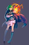  bad_id bad_tumblr_id blue_eyes book cape fire fire_emblem fire_emblem:_rekka_no_ken green_hair highres holding holding_book magic nino_(fire_emblem) short_hair simple_background skirt thighhighs tooaya 