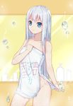  1girl bathroom blue_eyes clavicle eromanga_sensei female indoors izumi_sagiri long_hair looking_at_viewer naked_towel silver_hair solo standing towel 