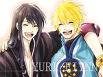  2boys black_hair blonde_hair blush bracelet eyes_closed flynn_scifo long_hair multiple_boys open_mouth short_hair tales_of_(series) tales_of_vesperia vest yuri_lowell 