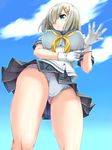  adjusting_clothes adjusting_gloves ass bare_legs blue_eyes blue_panties blue_skirt blush breasts closed_mouth cloud day from_below gloves grey_legwear hair_ornament hair_over_one_eye hairclip hamakaze_(kantai_collection) highres kantai_collection large_breasts neckerchief panties pantyshot pantyshot_(standing) pleated_skirt school_uniform serafuku short_hair short_sleeves silver_hair skirt sky solo standing thighhighs underbust underwear urase_shioji white_gloves yellow_neckwear 
