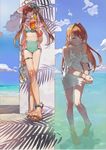 ahoge anklet barefoot closed_eyes cloud day dress eiyuu_densetsu error estelle_bright highres jewelry long_hair long_legs looking_to_the_side multiple_girls nail_polish nishihara_isao ocean orange_hair outdoors red_eyes see-through shadow sky smile sora_no_kiseki swimsuit toenail_polish twintails wading water wet wet_clothes white_dress wrong_feet 