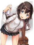  bag black_skirt blue_eyes bottle brown_hair hair_between_eyes handbag hayasui_(kantai_collection) holding holding_bottle jacket kantai_collection leaning_forward long_sleeves open_mouth pleated_skirt short_hair skirt smile solo teeth track_jacket umagenzin water_bottle white_jacket 