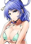  :/ alternate_costume bangs bikini blue_eyes blue_hair breasts cleavage closed_mouth collarbone commentary_request drill_hair green_bikini hair_ornament hair_rings hair_stick halter_top halterneck highres kaku_seiga large_breasts looking_at_viewer micro_bikini nail_polish purple_nails solo swimsuit touhou twin_drills underboob upper_body white_background y2 