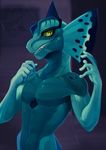  abs anthro athletic blue_skin caindra green_eyes grin looking_at_viewer male pecs pose scalie simple_background smile solo unknown_species waist-up 