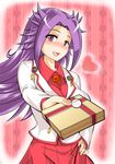  :d absurdres blouse blush box dress_shirt gift gift_box hakama hand_on_hip head_tilt heart highres incoming_gift japanese_clothes jun'you_(kantai_collection) kantai_collection long_hair looking_at_viewer magatama open_mouth purple_eyes purple_hair sangyou_haikibutsu_a shirt smile solo spiked_hair tassel valentine 