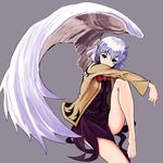  bare_legs barefoot bow bowtie braid brooch commentary_request dress french_braid highres inoshin_(inixia1748) jacket jewelry kishin_sagume long_sleeves open_clothes open_jacket purple_dress short_dress single_wing touhou white_hair white_wing wings 