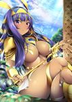  :o bangs blonde_hair blush bracelet breasts crossed_legs dark_skin day egyptian egyptian_clothes facial_mark fate/grand_order fate_(series) garana hairband jewelry large_breasts long_hair looking_at_viewer multicolored_hair nitocris_(fate/grand_order) outdoors purple_eyes purple_hair sitting solo sunlight very_long_hair 