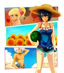  1boy 2girls bare_shoulders belt black_hair blonde_hair blue_eyes braid breasts brown_eyes chloe_valens cleavage flower hat japanese_clothes kimono long_hair multiple_girls open_mouth senel_coolidge shirley_fennes short_hair short_shorts shorts side_ponytail smile tales_of_(series) tales_of_legendia tattoo topless white_hair 