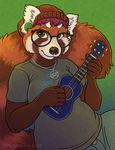  2017 anthro chewycuticle clothed clothing ear_piercing eyewear facial_piercing gauges glasses green_background green_eyes hair jewelry mammal necklace nose_piercing nose_ring pentagram piercing red_hair red_panda simple_background solo ukelele 