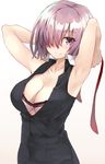  armpits arms_up bra breasts cleavage closed_mouth collarbone fate/grand_order fate_(series) gradient gradient_background hair_over_one_eye large_breasts mash_kyrielight necktie necktie_removed pink_bra purple_eyes purple_hair shirt shunichi simple_background sleeveless sleeveless_shirt smile solo unbuttoned unbuttoned_shirt underwear 
