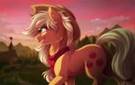  2014 applejack_(mlp) barn blonde_hair cloud cowboy_hat cutie_mark dennyvixen earth_pony equine female fence feral freckles friendship_is_magic fur green_eyes hair hat horse mammal my_little_pony orange_fur outside pony sky smile solo tree 