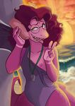  2017 anthro beach clothing curly_hair duo ethriol eyewear female fish flat_chested foreskin glasses hair humanoid_penis male male/female marine nipple_slip one-piece_swimsuit outside penelope_(ethriol) penis pink_hair pink_skin seaside shark solo_focus sunset swimsuit tongue tongue_out v_sign wardrobe_malfunction whistle yellow_eyes 