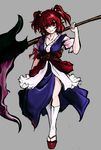  bangs commentary_request full_body highres inoshin_(inixia1748) japanese_clothes kimono kneehighs obi onozuka_komachi puffy_short_sleeves puffy_sleeves red_eyes red_hair sash scythe short_sleeves simple_background solo tabi touhou two_side_up 