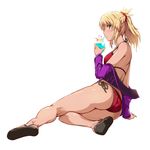  alternate_costume arm_support ass bare_shoulders bikini blonde_hair breasts covered_nipples cup drinking_straw fate/apocrypha fate/grand_order fate_(series) green_eyes jacket looking_at_viewer lying medium_breasts mordred_(fate) mordred_(fate)_(all) on_side open_clothes open_jacket ponytail purple_jacket red_bikini shiny shiny_skin short_ponytail side-tie_bikini solo swimsuit thighs tokiwa_midori_(kyokutou_funamushi) 
