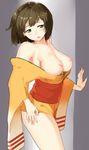  bare_shoulders blush bottomless breasts breasts_outside brown_eyes brown_hair collarbone commentary_request from_side hand_on_hip highres hiryuu_(kantai_collection) japanese_clothes jewelry kantai_collection kimono large_breasts nipples no_bra off_shoulder open_mouth poco_(backboa) ring short_hair short_kimono solo standing 