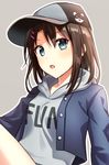  :o arm_support bang_dream! bangs bare_legs baseball_cap black_hair blue_eyes blue_jacket character_hair_ornament clothes_writing commentary_request grey_background grey_hoodie hair_ornament hairclip hat highres hood hood_down hoodie jacket long_sleeves michelle_(bang_dream!) okusawa_misaki open_mouth outline short_hair simple_background solo white_outline yuusa 