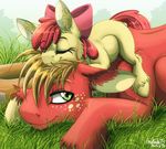  2014 apple_bloom_(mlp) big_macintosh_(mlp) brother brother_and_sister cub cute duo earth_pony equine female feral friendship_is_magic grass hair_bow hair_ribbon horse inuhoshi-to-darkpen lying male mammal my_little_pony pony ribbons sibling sister young 