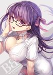  :d adjusting_eyewear bangs bb_(fate)_(all) bb_(fate/extra_ccc) bb_shot! black-framed_eyewear blush breasts character_name choker cleavage collarbone covered_nipples cowboy_shot fate/extra fate/grand_order fate_(series) foreshortening garter_straps glasses grey_background hair_ribbon highres jewelry leaning_forward long_hair looking_at_viewer medium_breasts nurse open_mouth outline pendant pink_ribbon purple_eyes purple_hair ribbon short_sleeves smile solo straight_hair thigh_strap thighhighs unaligned_breasts v-shaped_eyebrows very_long_hair vivivivi white_choker white_legwear wrist_cuffs 