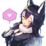  animal_ears between_breasts bibiko black_hair blush breasts cleavage d; fang fur_collar gloves grey_wolf_(kemono_friends) heart kemono_friends large_breasts long_hair long_sleeves looking_at_viewer multicolored_hair necktie necktie_between_breasts one_eye_closed open_mouth signature simple_background solo speech_bubble spoken_heart two-tone_hair white_background wolf_ears yellow_eyes 