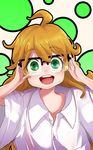  71 ahoge amaama_to_inazuma bespectacled child cosplay costume_switch glasses green_eyes holding holding_eyewear inuzuka_tsumugi long_hair oversized_clothes 