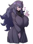  al_bhed_eyes black_dress black_hair black_nails blue_eyes breasts covered_nipples crazy_smile dress hairband heart hex_maniac_(pokemon) highres hips huge_breasts long_hair looking_at_viewer nail_polish pokemon pokemon_(game) pokemon_xy purple_hairband simple_background smile solo space_jin white_background 