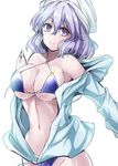  alternate_costume bare_shoulders bikini bikini_under_clothes blue_bikini breasts cleavage closed_mouth collarbone commentary_request cowboy_shot hair_between_eyes head_scarf highres hood hoodie large_breasts letty_whiterock long_sleeves looking_at_viewer navel off_shoulder open_clothes open_hoodie purple_eyes purple_hair short_hair smile solo stomach swimsuit touhou y2 