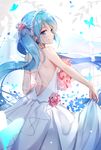  backless_dress backless_outfit blue_eyes blue_hair blush bug butterfly closed_mouth dress floating_hair hatsune_miku insect long_hair looking_at_viewer looking_back mamemena skirt_hold smile solo twintails very_long_hair vocaloid white_dress 