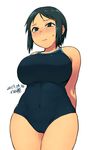  arms_behind_back black_eyes black_hair blush breasts cameltoe competition_school_swimsuit covered_navel cowboy_shot curvy dated huge_breasts one-piece_swimsuit original short_hair solo sweatdrop swimsuit tsukudani_(coke-buta) white_background 