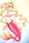  blonde_hair blue_eyes blush breasts hair_between_eyes highres jewelry long_hair medium_breasts mermaid mermaid_melody_pichi_pichi_pitch monster_girl nanami_lucia necklace orlyvameza shell shell_bikini shell_necklace solo twintails 