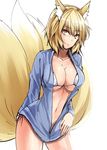  alternate_costume animal_ears bangs bikini bikini_under_clothes blonde_hair breasts cleavage collarbone commentary_request cowboy_shot fox_ears fox_girl fox_tail highres large_breasts long_sleeves looking_at_viewer multiple_tails navel open_clothes open_shirt parted_lips shirt short_hair solo stomach swimsuit tail touhou white_bikini y2 yakumo_ran yellow_eyes 