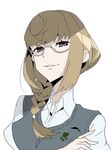  akuseru_(paranoiarseed) brown_hair glasses grin kiznaiver long_hair maki_honoka school_uniform semi-rimless_eyewear simple_background smile solo sweater_vest under-rim_eyewear white_background 