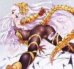  absurdres ass blush breasts cameltoe covered_nipples elbow_gloves gauntlets gloves granblue_fantasy hair_between_eyes headpiece highres lavender_hair long_hair looking_at_viewer looking_back medusa_(shingeki_no_bahamut) niko_(tama) open_mouth pointy_ears red_eyes shingeki_no_bahamut slit_pupils small_breasts solo tail very_long_hair 