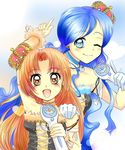  blue blue_dress blue_eyes blue_hair dress hair_between_eyes hair_ornament hairclip houshou_hanon jewelry long_hair mermaid mermaid_melody_pichi_pichi_pitch monster_girl multiple_girls one_eye_closed open_mouth orange_eyes orange_hair orange_skirt seira_(mermaid_melody_pichi_pichi_pitch) shell_necklace skirt star 