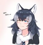  :3 animal_ears black_hair blue_eyes blush collarbone fang fang_out fur_collar gloves graphite_(medium) grey_wolf_(kemono_friends) heart heterochromia kemono_friends korean long_hair long_sleeves looking_at_viewer mechanical_pencil multicolored_hair necktie pencil selby solo traditional_media translated two-tone_hair wolf_ears yellow_eyes 