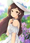  brown_eyes brown_hair commentary_request dress flower hair_ornament hairclip hat idolmaster idolmaster_million_live! kitazawa_shiho long_hair looking_at_viewer smile solo sun_hat white_dress white_hat yuzuyu_(hyui) 