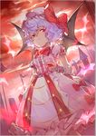  airrabbityan bat_wings bubble_skirt cup cupping_glass drinking_glass dutch_angle embellished_costume hat purple_hair red_eyes red_sky remilia_scarlet short_hair skirt sky solo standing touhou wavy_hair wine_glass wings wrist_cuffs 
