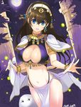  armlet artist_name ashita_(2010) bangs black_hair blue_eyes bracelet breasts cleavage cleavage_cutout collar commentary_request earrings egyptian_clothes fireflies full_moon hair_between_eyes hairband idolmaster idolmaster_cinderella_girls jewelry large_breasts loincloth long_hair moon navel night open_mouth pillar sagisawa_fumika signature smile solo thighs waist_cape wrist_cuffs 