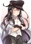  anchor black_gloves black_hair black_hat black_skirt blush commentary_request cosplay crossed_arms gangut_(kantai_collection) gangut_(kantai_collection)_(cosplay) gloves gradient gradient_background grey_jacket hat hatsushimo_(kantai_collection) jacket juurouta kantai_collection long_hair looking_at_viewer miniskirt open_clothes open_jacket open_mouth pleated_skirt red_background red_eyes shirt skirt solo twitter_username unbuttoned unbuttoned_shirt white_shirt 