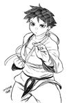  choker clenched_hand dougi fighting_stance greyscale makoto_(street_fighter) monochrome ribbon_choker short_hair sketch solo sports_bra street_fighter street_fighter_iii_(series) tomboy tsukudani_(coke-buta) very_short_hair 