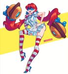  1girl apron arms_(game) ass breasts cosplay crossover high_heels legs mask nintendo striped striped_legwear striped_sleeves striped_socks supersatanson thighhighs twintails twintelle_(arms)_(cosplay) wendy&#039;s wendy_(wendy&#039;s) 