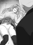  1girl bald blood blood_on_face bow bow_panties clannad clenched_teeth closed_eyes greyscale hairband long_hair long_sleeves lying monochrome on_back panties ryona sakagami_tomoyo skirt skirt_lift tare-katsu teeth thighhighs turtleneck underwear vomit vomiting 