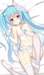  absurdres bad_id bad_pixiv_id bare_shoulders bed_sheet blue_eyes blue_hair bow bow_panties breasts chestnut_mouth collarbone crop_top crown elbow_gloves from_above garter_belt gloves hair_between_eyes hand_on_own_chest hatsune_miku highres jyt lingerie long_hair looking_at_viewer lying midriff mini_crown navel number off_shoulder on_back panties parted_lips revealing_clothes small_breasts soles solo striped striped_panties thighhighs thighs toes twintails underwear very_long_hair vocaloid white_gloves white_legwear 