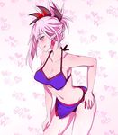  asymmetrical_hair bare_shoulders bikini blue_eyes blush breasts cleavage collarbone commentary_request cowboy_shot earrings eyebrows_visible_through_hair eyelashes fate/grand_order fate_(series) hair_ornament hand_on_own_ass hand_on_own_thigh heart heart_background higata_akatsuki jewelry large_breasts long_hair looking_at_viewer midriff miyamoto_musashi_(fate/grand_order) navel pink_hair ponytail smile solo swimsuit thighs tongue tongue_out 