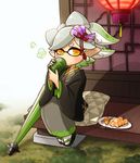  commentary_request dango domino_mask food green_umbrella hotaru_(splatoon) japanese_clothes kimono long_hair mask mole mole_under_eye pointy_ears sayoyonsayoyo sitting solo splatoon_(series) splatoon_2 tea tentacle_hair umbrella wagashi 