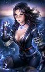  artist_name black_hair breasts cleavage collarbone electricity glowing highres jewelry madeleine_bellwoar medium_breasts medium_hair necklace parted_lips pendant purple_eyes solo the_witcher the_witcher_3 watermark web_address yennefer 